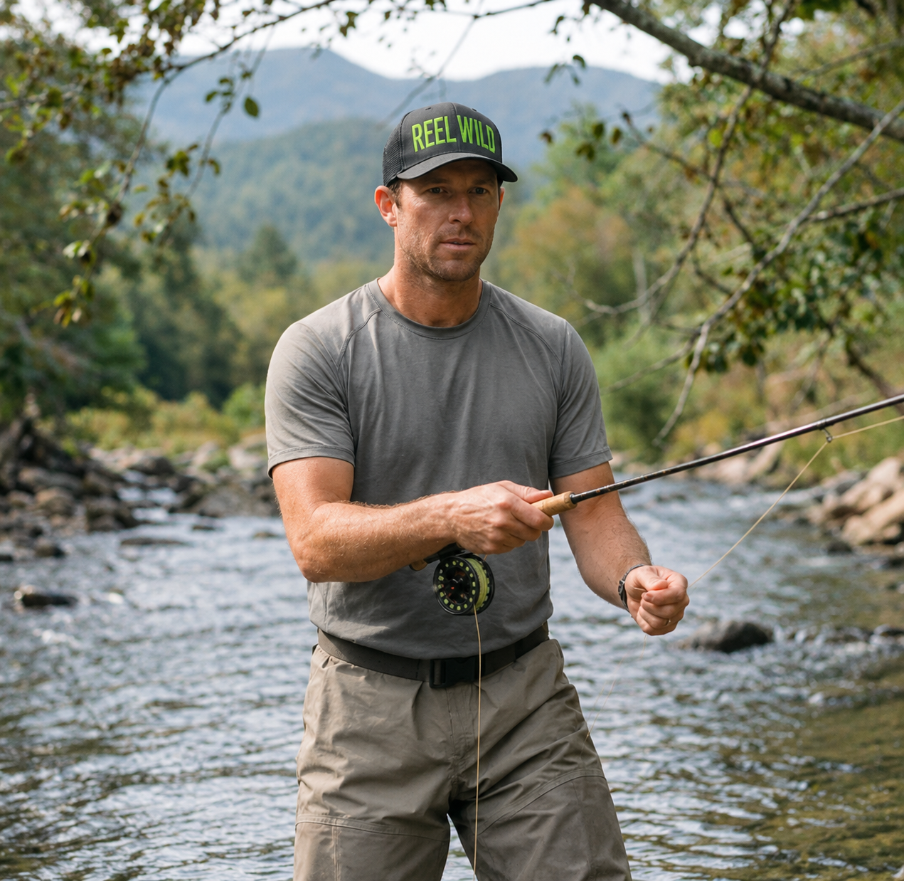 Reel Wild Nautical Trucker Hat Man wearing a Reel Wild nautical trucker hat on the water