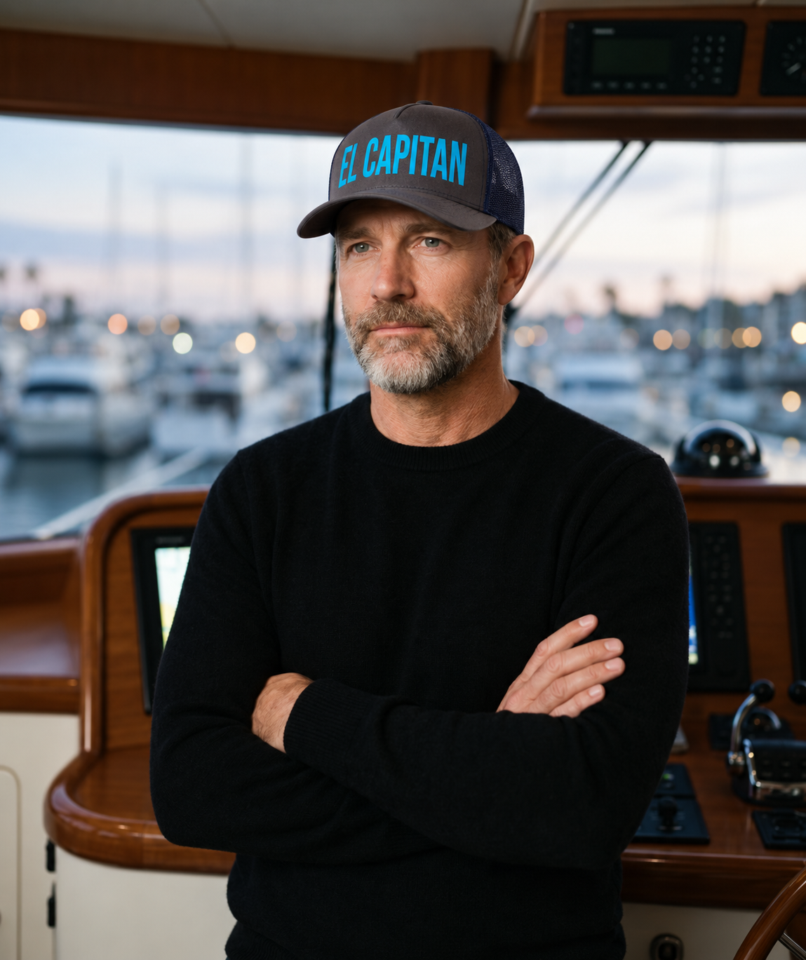 El Capitan Nautical Trucker Hat Man wearing an El Capitan nautical trucker hat at the helm of a boat in a marina