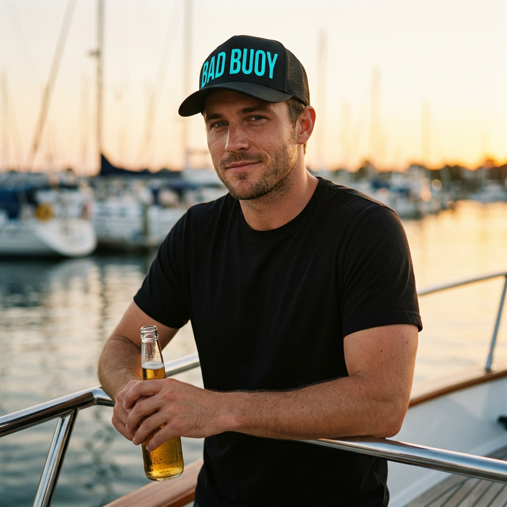 Man wearing premium Nautihats cap on a yacht at golden hour